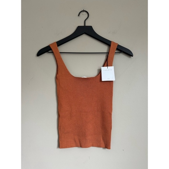 NEW SANDRO Alya Ribbed Knit Cropped Tank Top in Terracotta - Picture 2 of 2